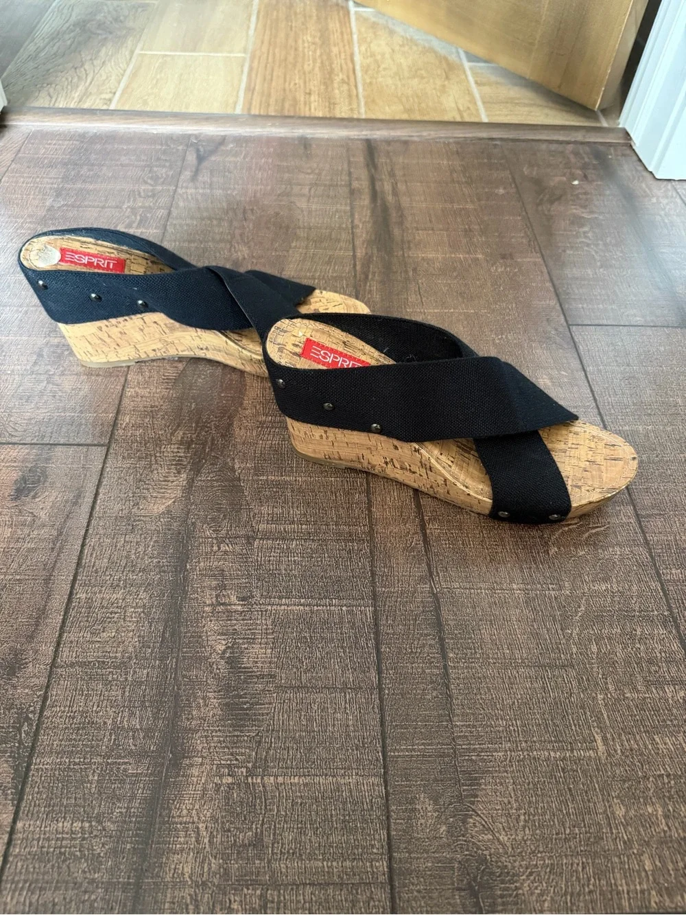 Esprit Black Canvas Cross Strap Cork Wedge Sandals Slides Mules Size 8.5
